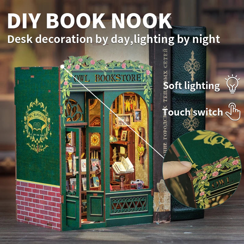 Cutebee 3D Wooden Puzzle Miniature Model Kits Owl Bookstore Mini DIY Doll House Home Decor for Family Unique Birthday Gifts
