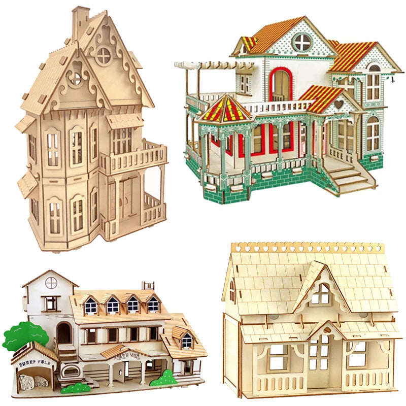 3D Wooden Jigsaw Doll House Villa Model DIY Dollhouse Wood Puzzle Children Educational Toys For Kids Girls Room Home Decoration